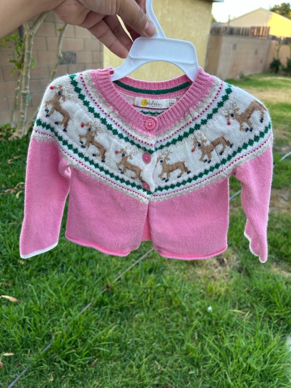 Baby Boden Pink Reindeer Knit Cardigan for Kids